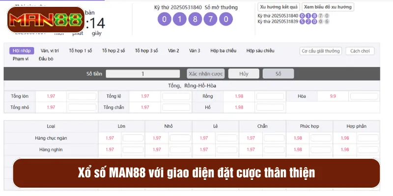 Xổ số MAN88 với giao diện đặt cược thân thiện